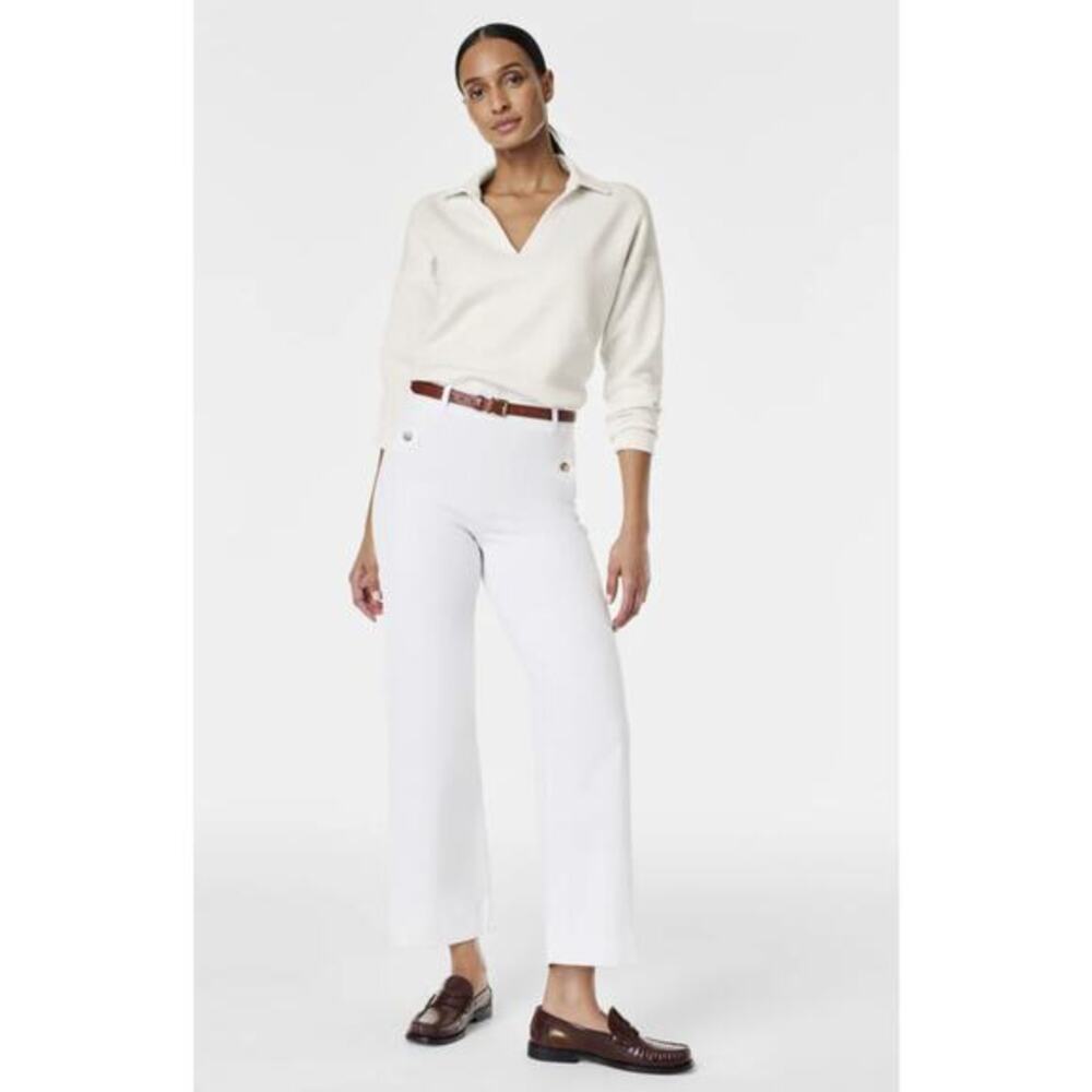 SPANX Stretch Twill Cropped Wide Leg Pants in Bright White Size Small Petite‎